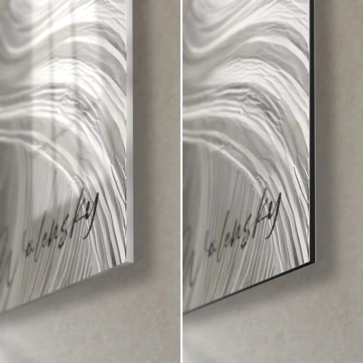 Tableau amoureux en filigrane, coin bas droit : verre acrylique brillant aux reflets argentés et alu Dibond mat gris, tranche de 3 mm