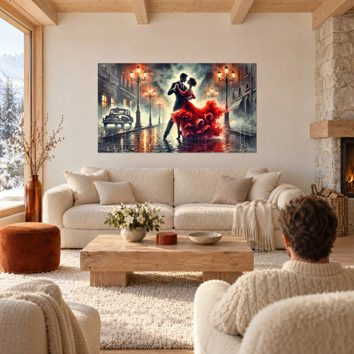 Tableau couple de tango sous la pluie, robe rouge écarlate et costume noir, lampadaires orangés, au-dessus d'un canapé dans un salon lumineux