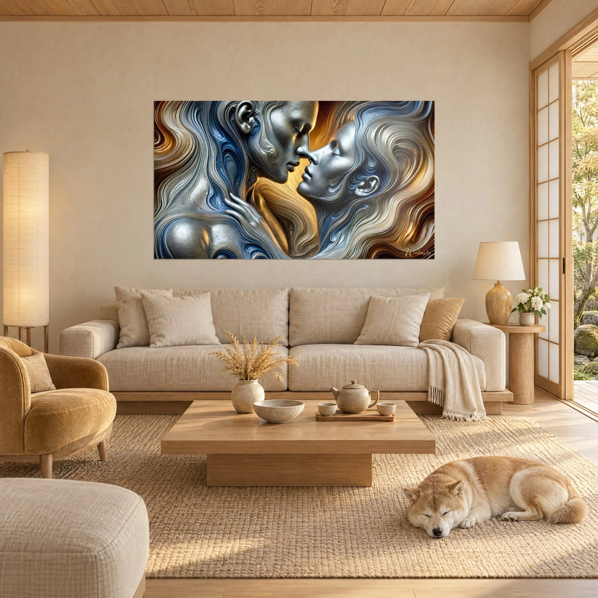 Tableau couple s'embrassant en reliefs argentés, cheveux bleu cobalt et ocre doré, Shiba couché, au-dessus d'un canapé dans un salon lumineux