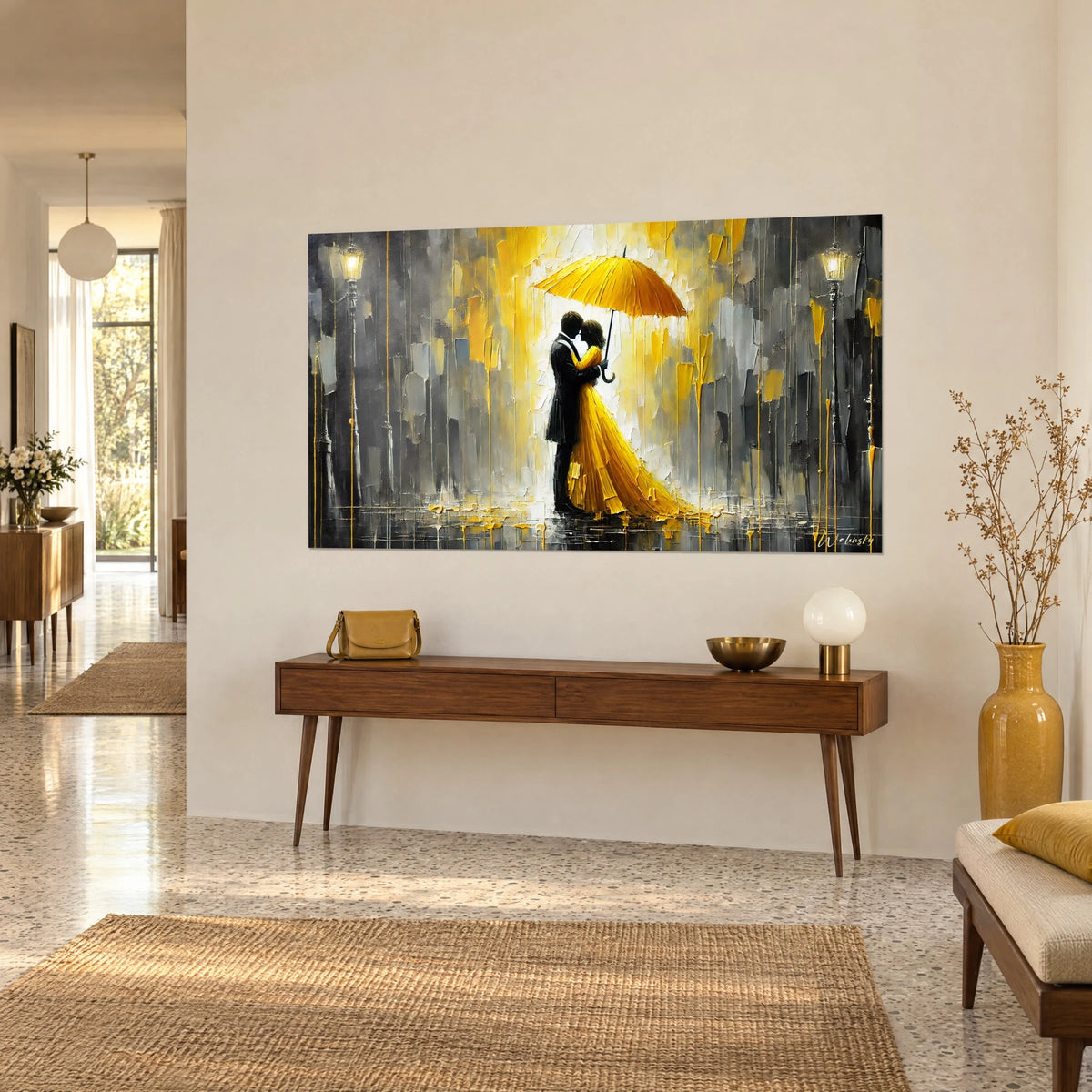 Wall art lovers kissing under a golden parasol, black silhouette and mustard dress in flowing strokes, three-quarter view of a wooden console