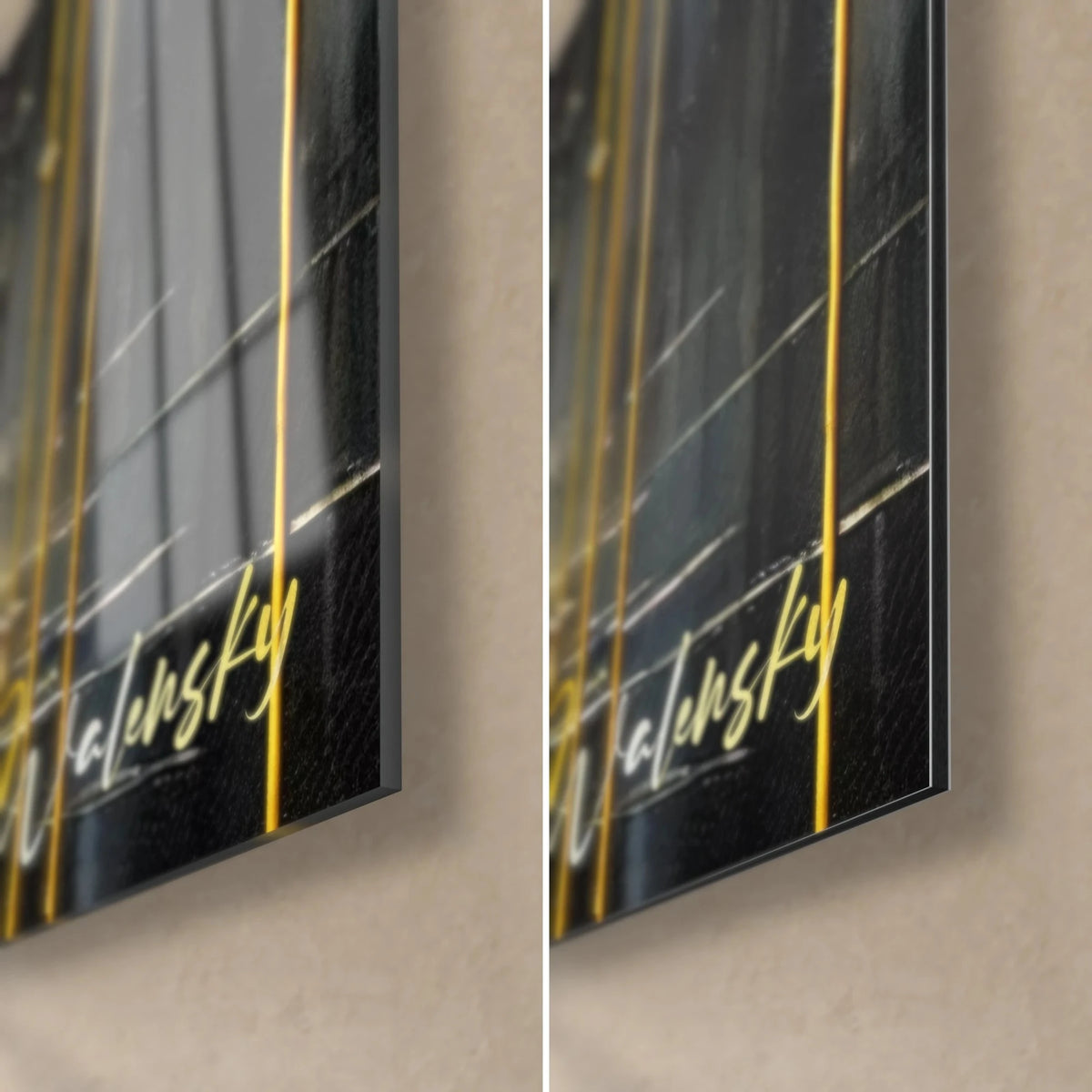 Quadro ballerina in abito giallo, angolo in basso a destra: vetro acrilico lucido a sinistra, Dibond grigio opaco a destra, spessore 3 mm