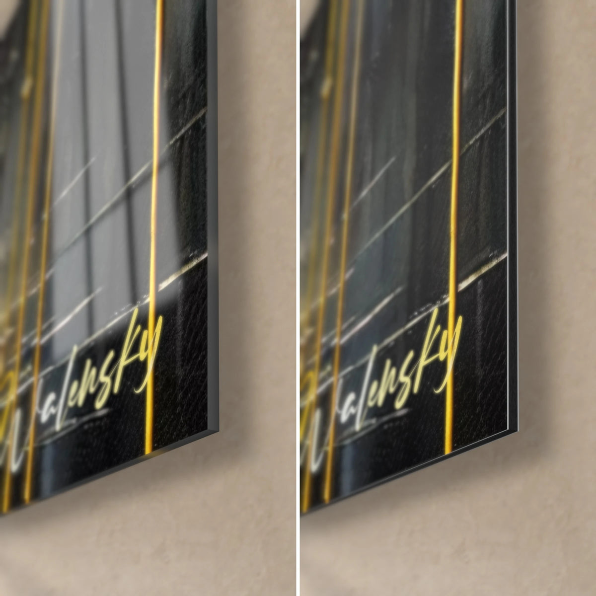 Wall art dancer in a yellow dress, bottom right corner: glossy acrylic glass on the left, matte grey Dibond on the right, 3 mm edge