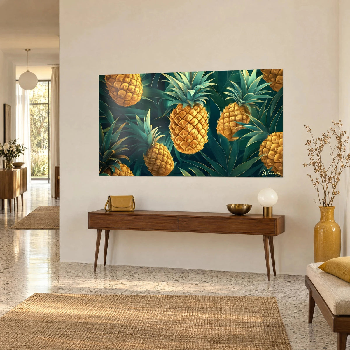 Quadro frutti tropicali ambrati con buccia squamosa, corone turchesi su fondo verde scuro, visti di tre quarti sopra una consolle in legno