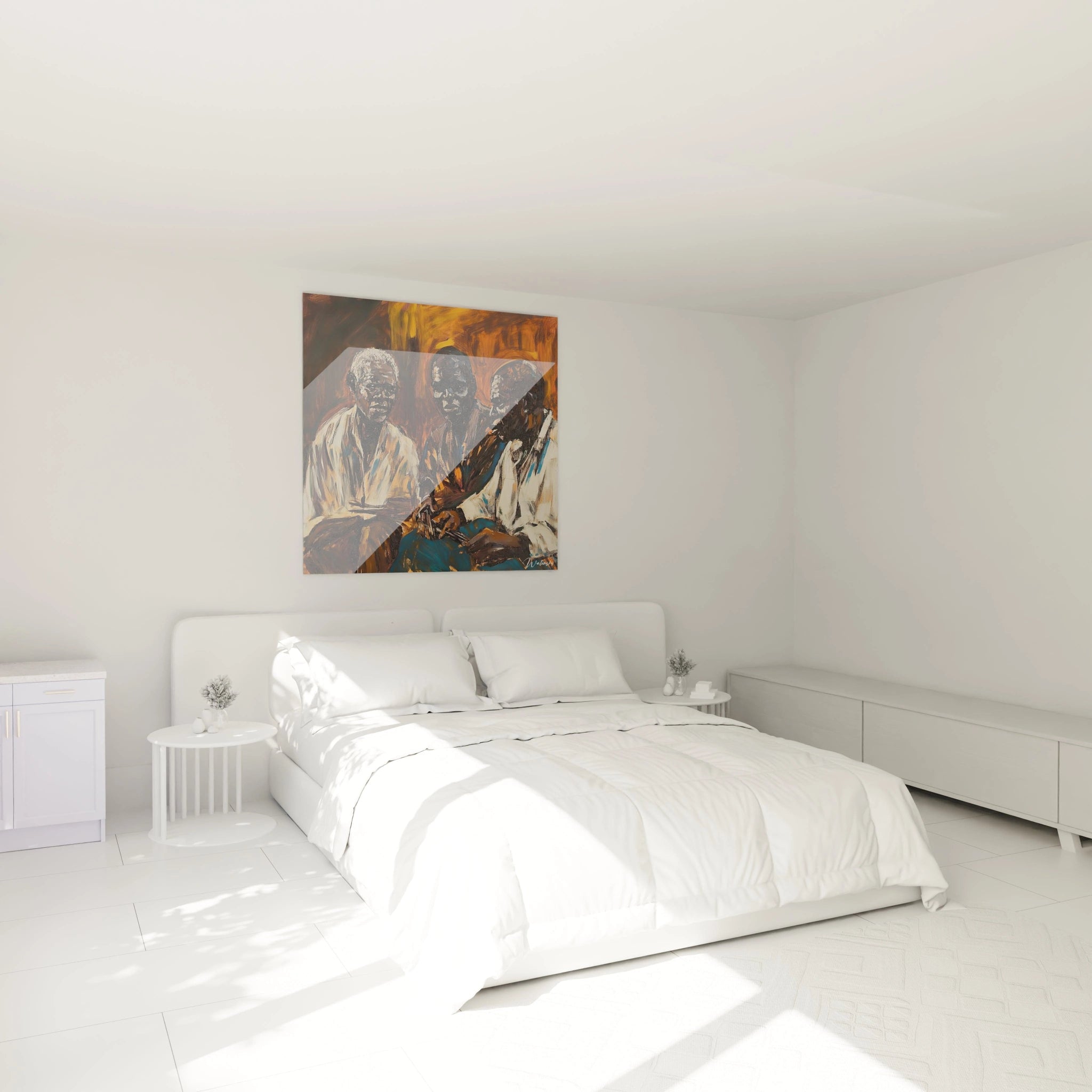 Tableau africain mural Walensky représentant des figures africaines dans une chambre moderne et lumineuse