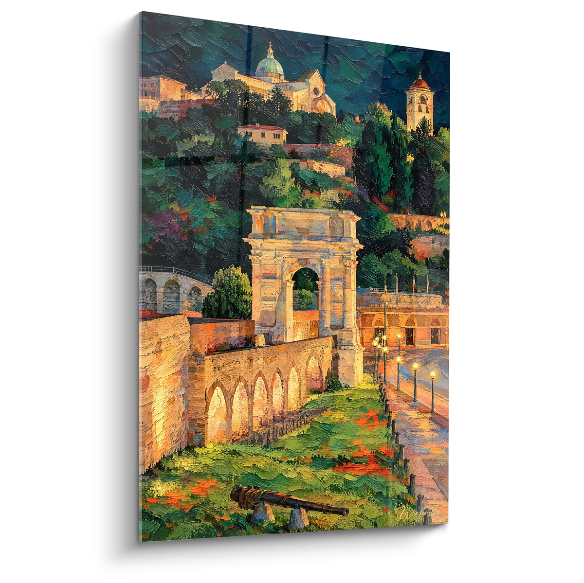 Tableau Arc de Trajan doré dominant une colline verte et bleu nuit à Ancône