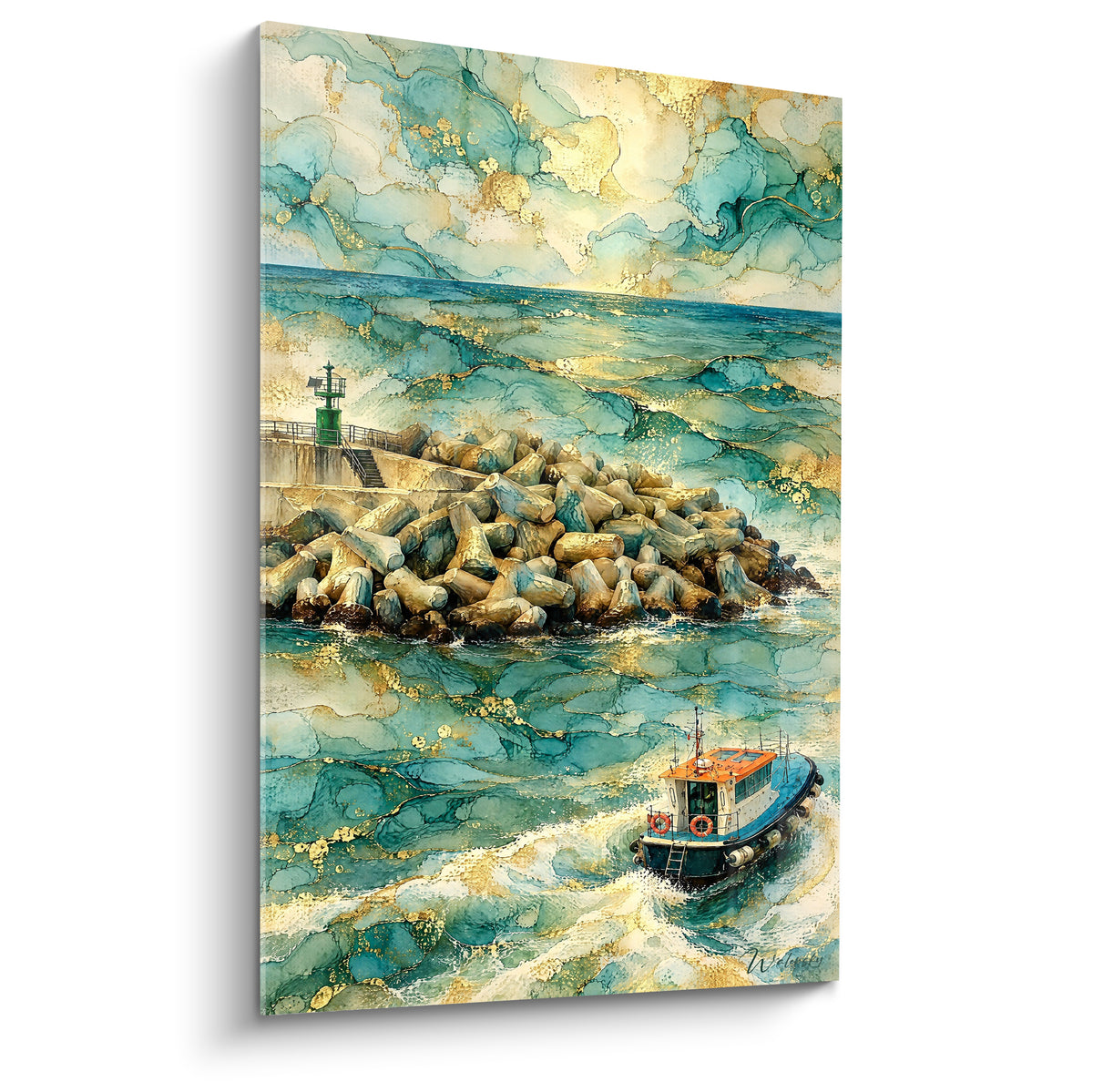Tableau bateau de pêche orange et bleu longeant une digue turquoise et dorée à Ancône