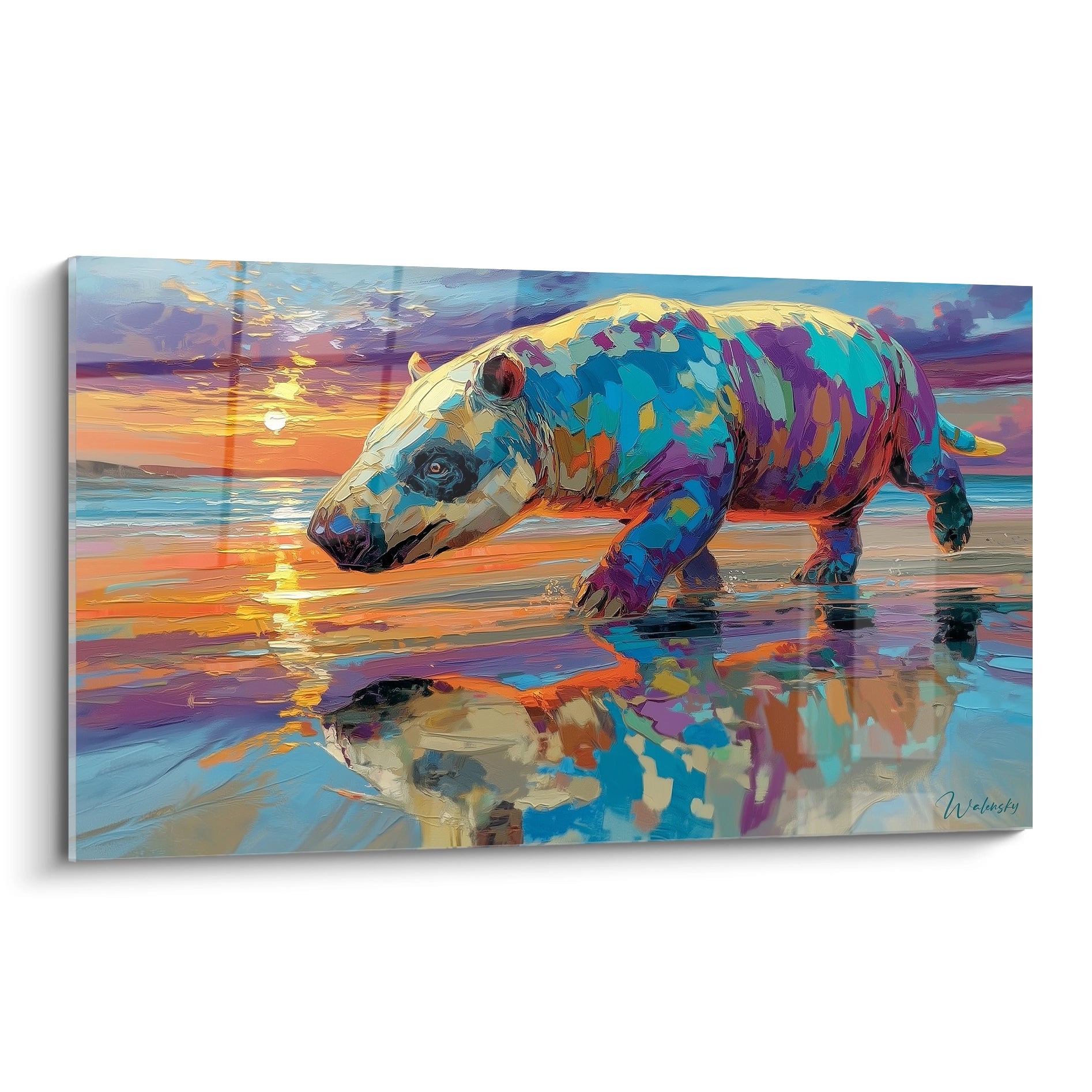 Tableau mural Andrewsarchus coloré au bord de l'eau coucher de soleil style moderne fragmenté