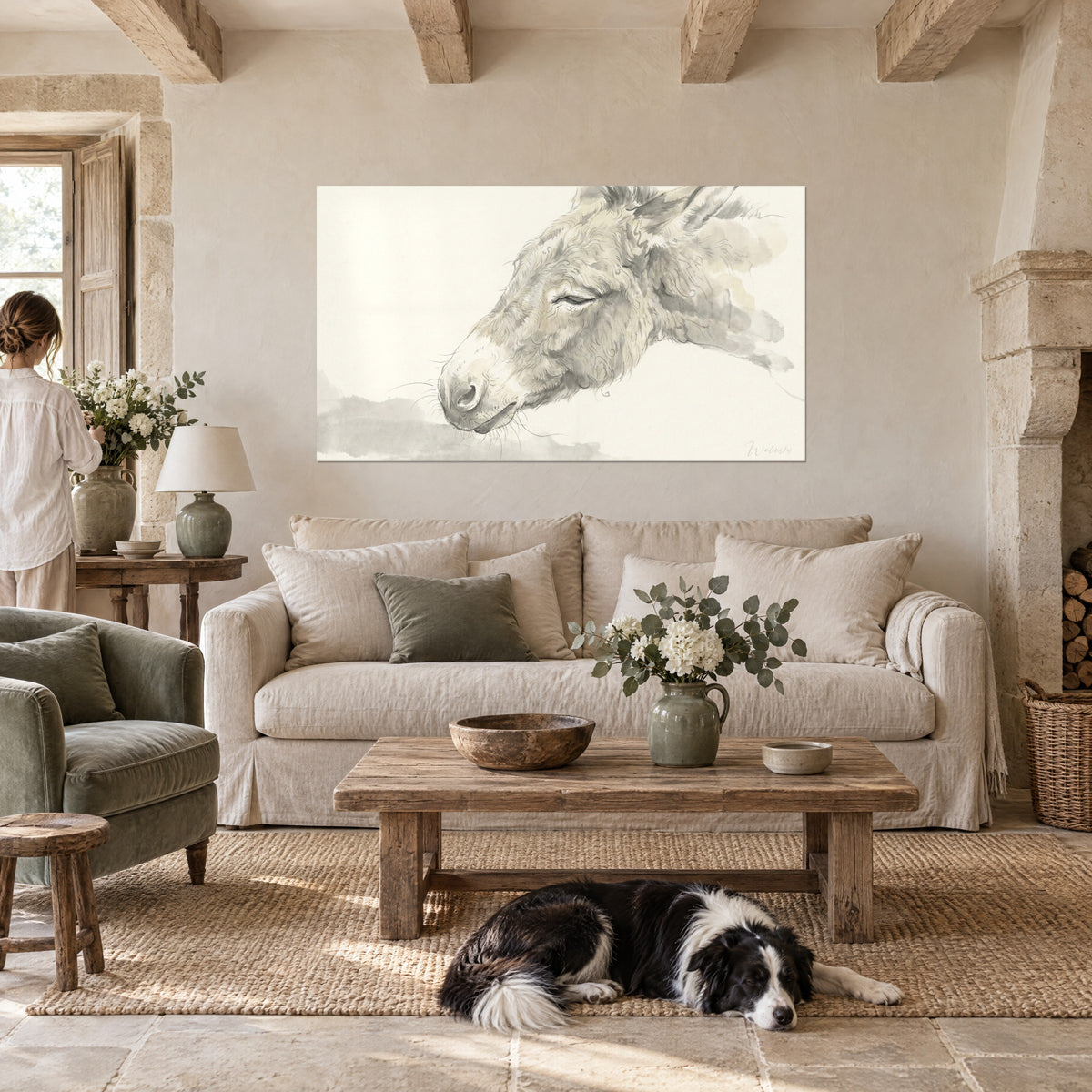 Wall art donkey portrait with closed eyelids, pearl grey and sand beige wash, resting collie, above a sofa in a bright living room