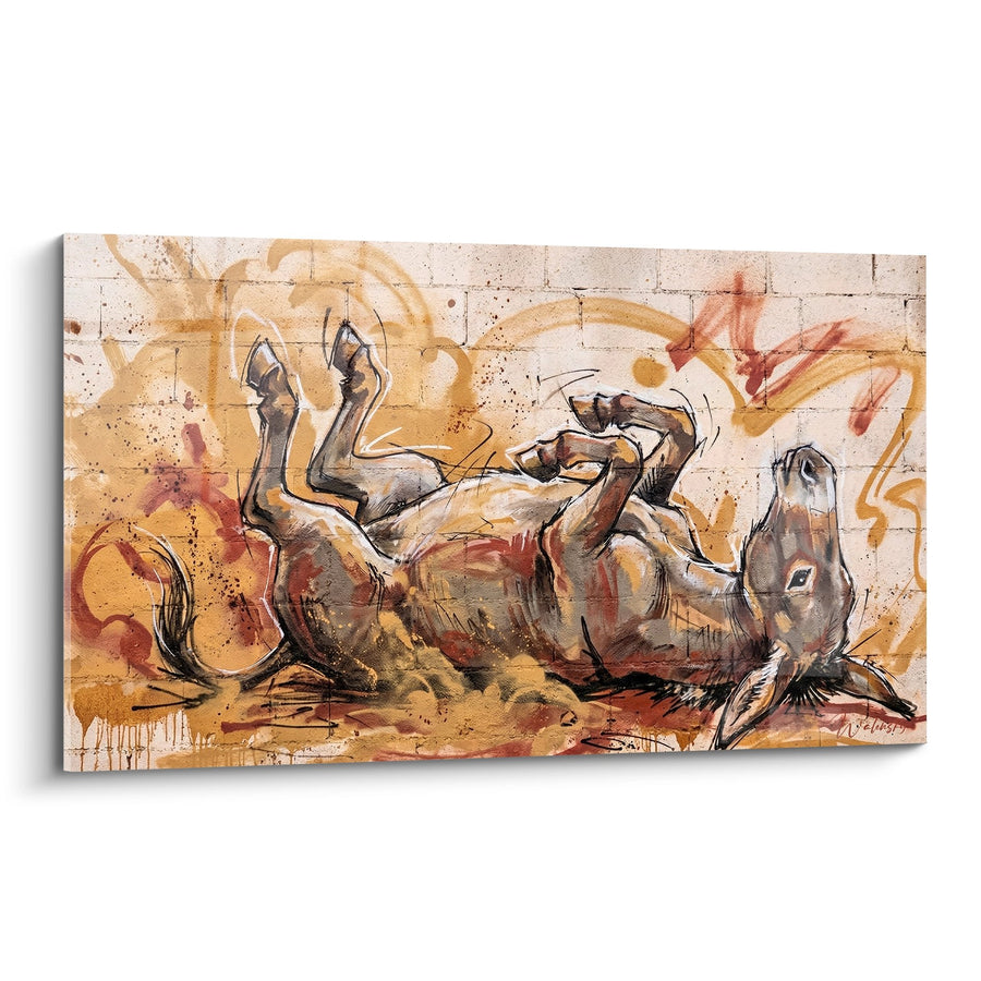 Tableau âne couché aux tons ocre et rouille sur fond grunge - Repos champêtre - Edition âne