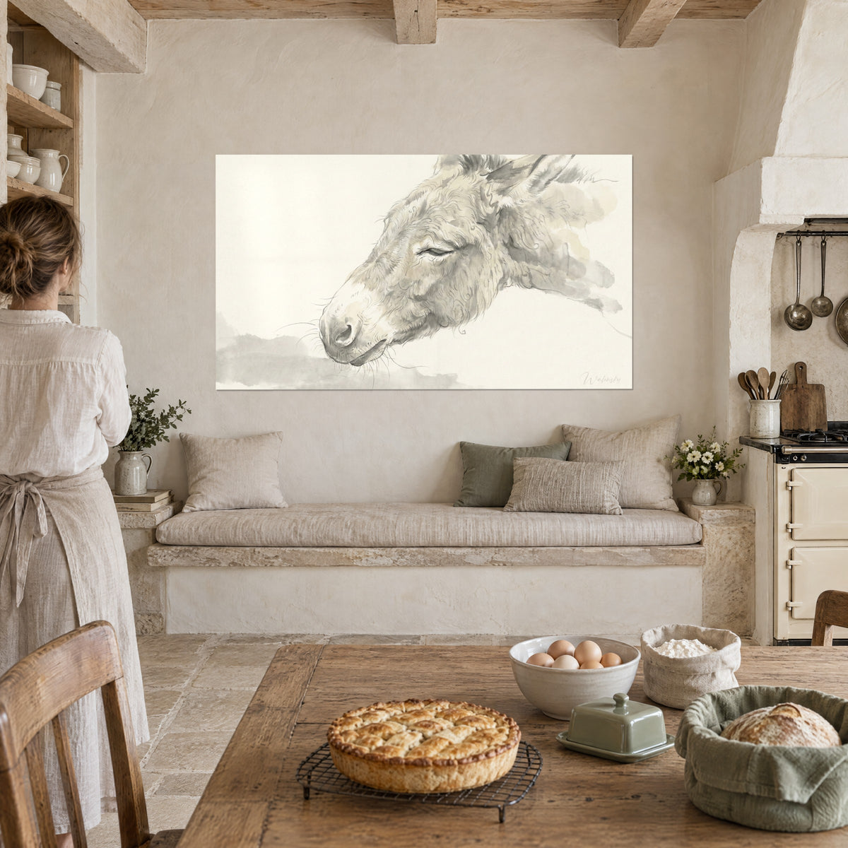 Wall art dreaming donkey with a coat sketched in fine brown hatching, soft grey wash on cream, rustic stone kitchen, golden apple tart