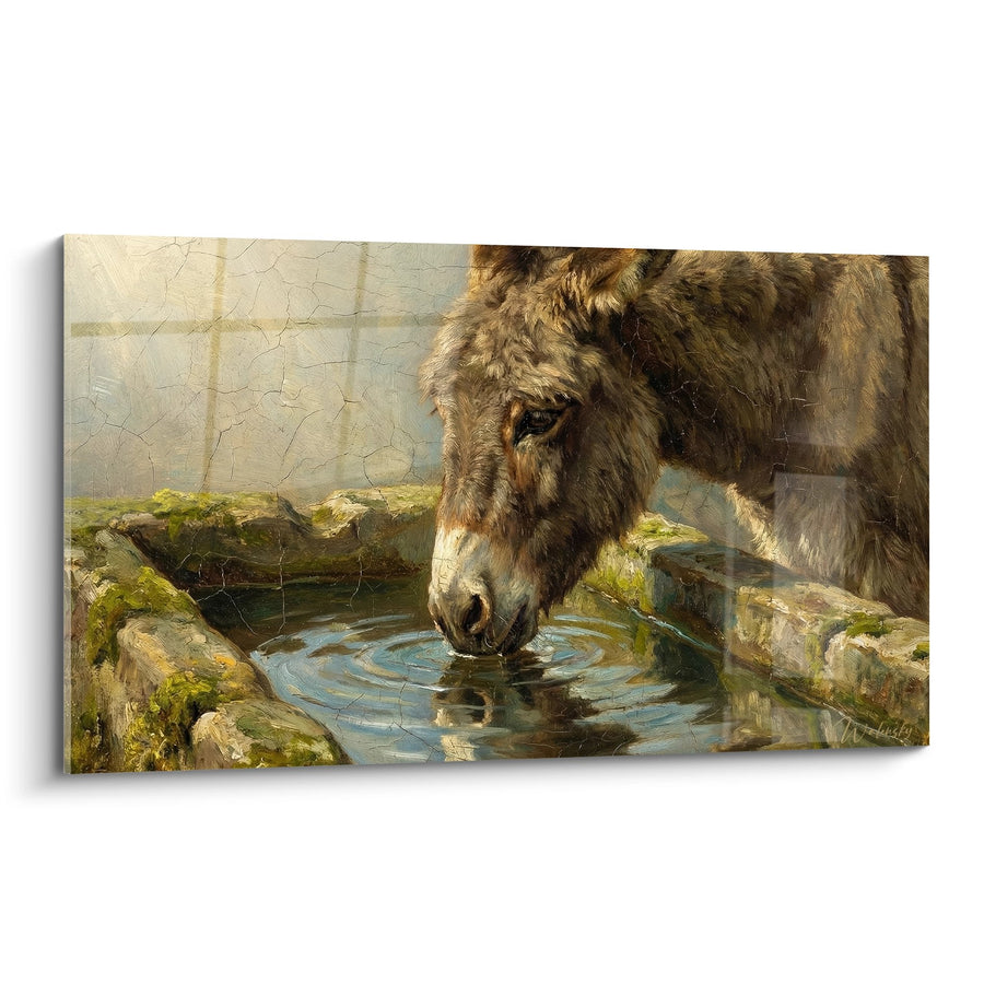 Tableau âne gris buvant dans un bassin de pierre avec mousse - Soif apaisée - Edition âne