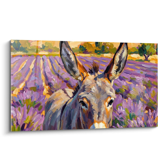 Schilderij grijze ezel met opstaande oren in een paars lavendelveld - Provençaalse charme - Esel editie