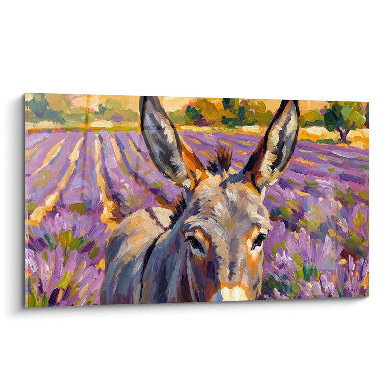 Gemälde grauer Esel mit aufgerichteten Ohren in einem violetten Lavendelfeld - Provenzalischer Charme - Esel-Edition