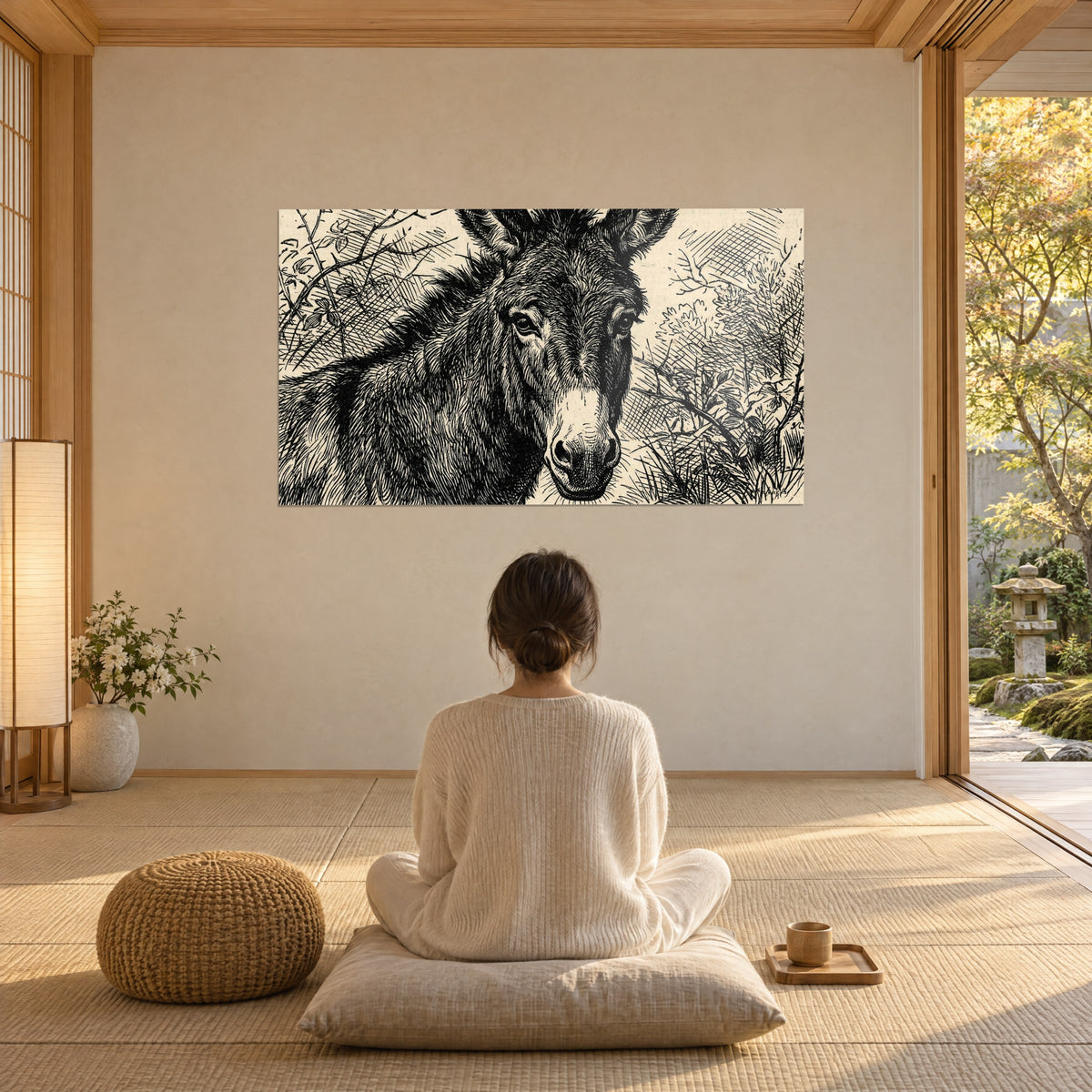 Tableau âne au regard franc, traits de gravure noirs sur fond sable, femme de dos assise en méditation sur un coussin dans une pièce japandi