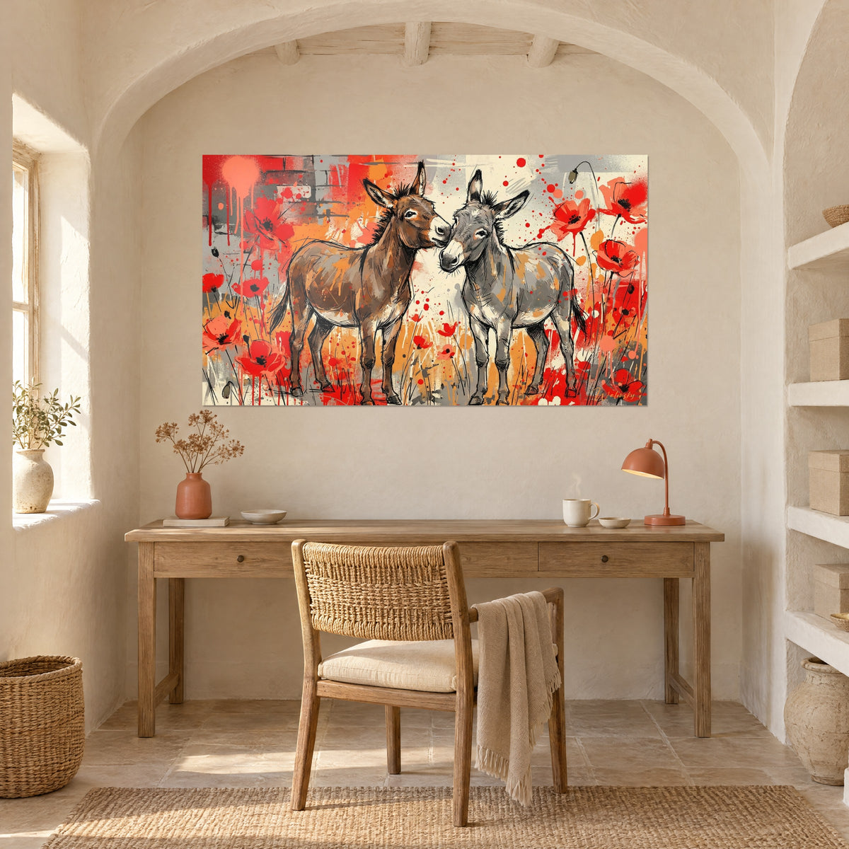 Schilderij knuffelende ezels op grijze achtergrond, oranje en rood, druipende verfspatten, opgehangen boven een bureau van licht hout