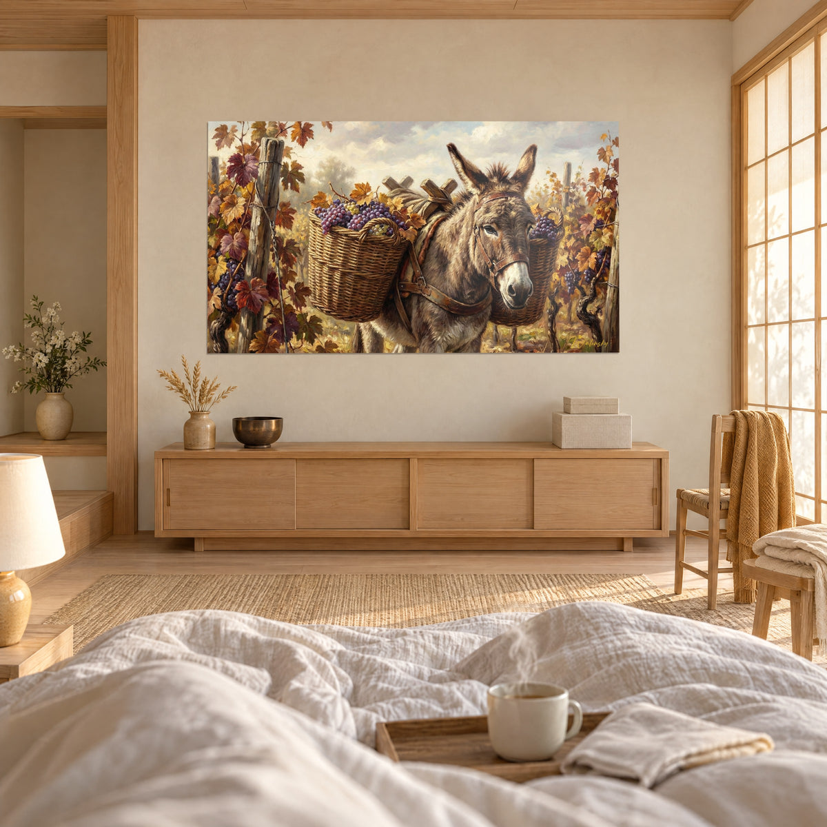 Tableau bourricot au museau blanc portant ses paniers de vendange, feuillages ocre et bordeaux, au-dessus d'un lit dans une chambre claire