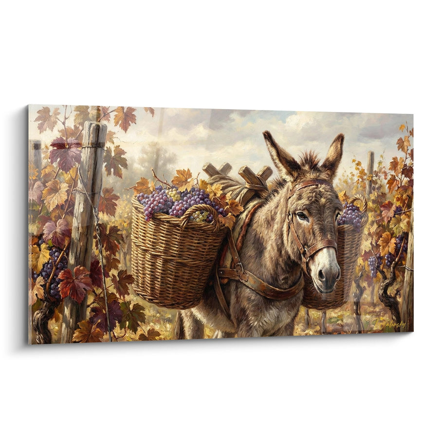 Tableau âne portant des paniers de raisin dans un vignoble automnal - Vendanges bucoliques - Edition âne