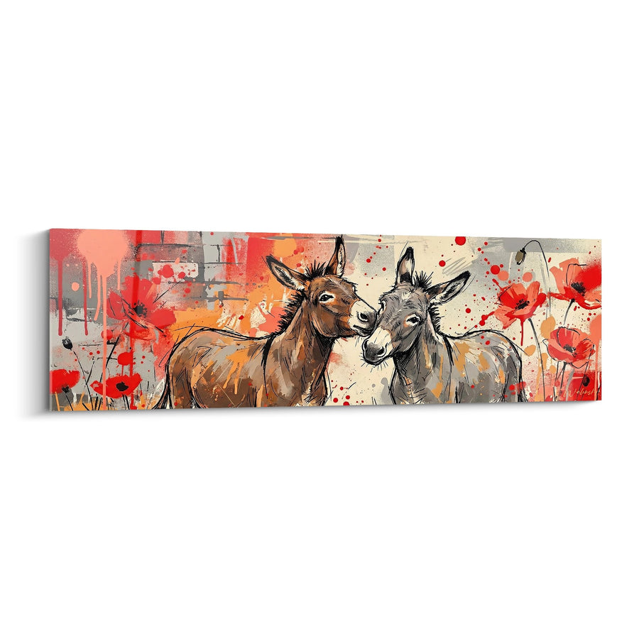 Tableau deux ânes complices sur fond éclaboussures rouge et coquelicots - Tendresse Champêtre - Edition âne