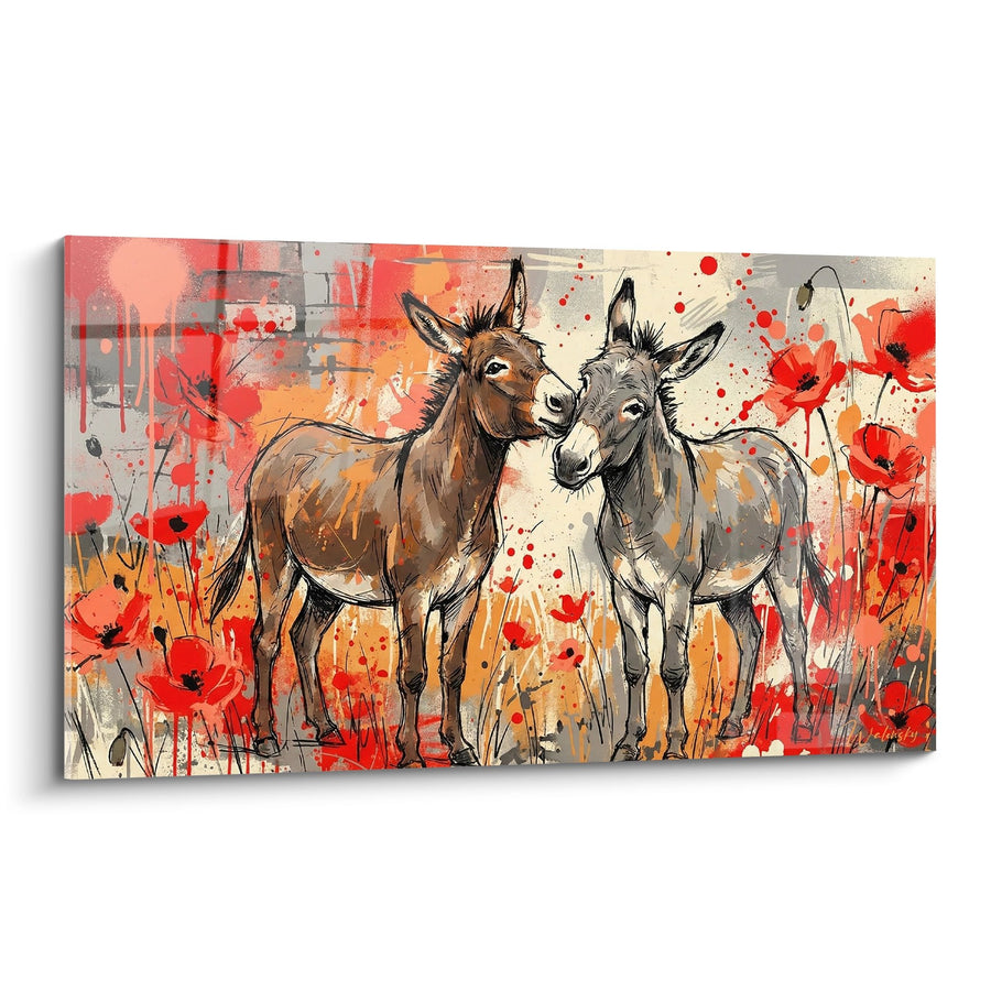 Tableau duo d'ânes dans un champ de coquelicots rouges - Tendresse champêtre - Edition âne