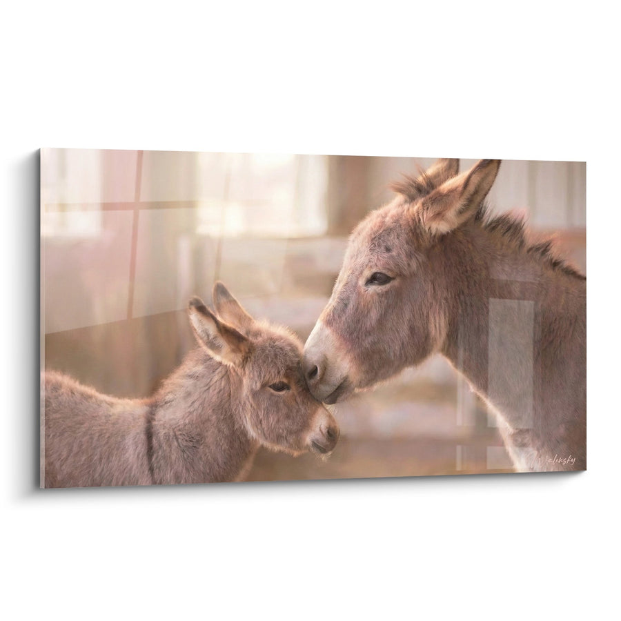 Tableau mère ânesse et son petit aux tons beiges dans un enclos - Tendresse maternelle - Edition âne