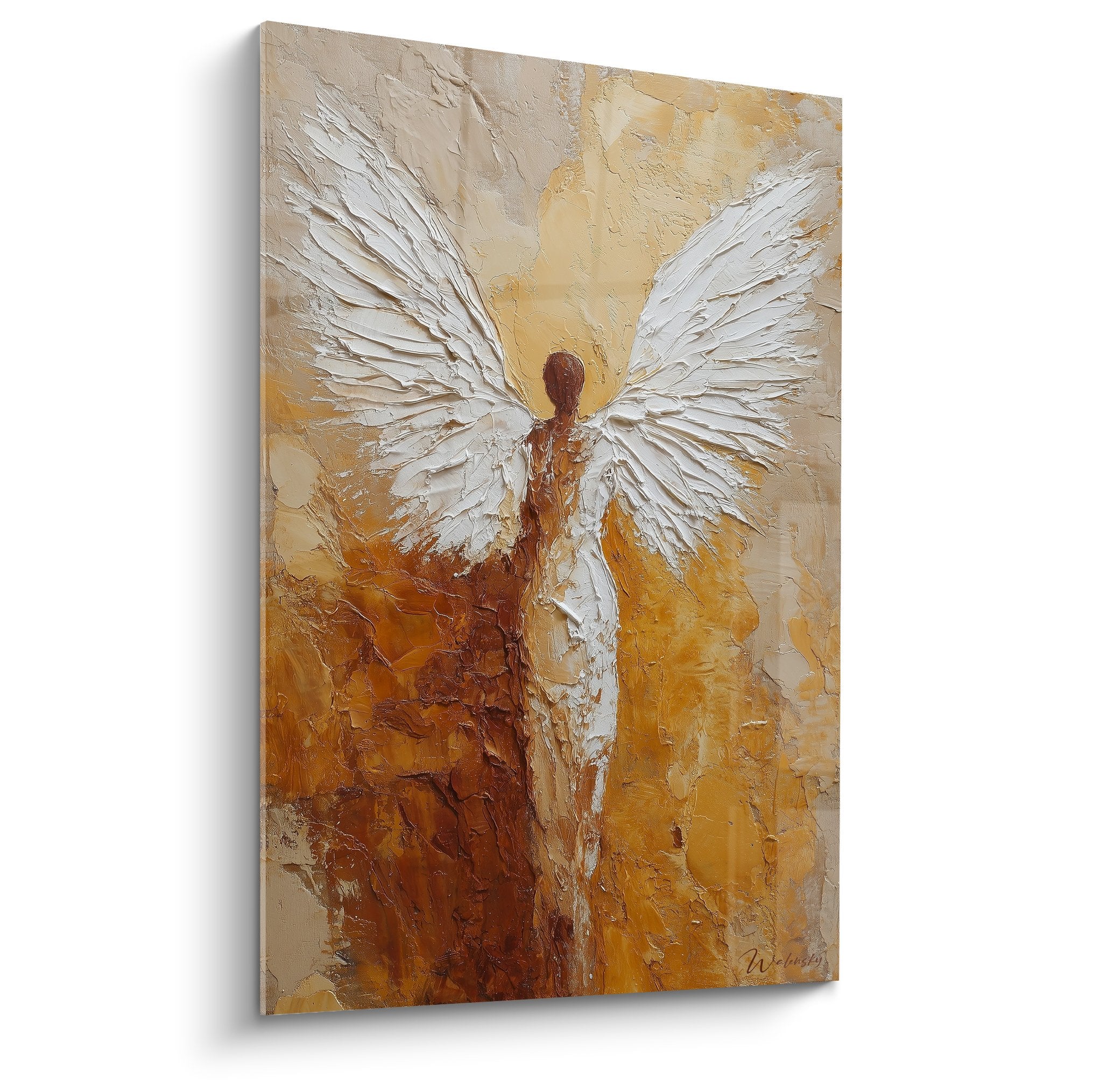 Engelbild mit weißen Flügeln in Relief auf goldenem Hintergrund spirituelle Malerei Feng Shui Erdmitte Wanddekoration
