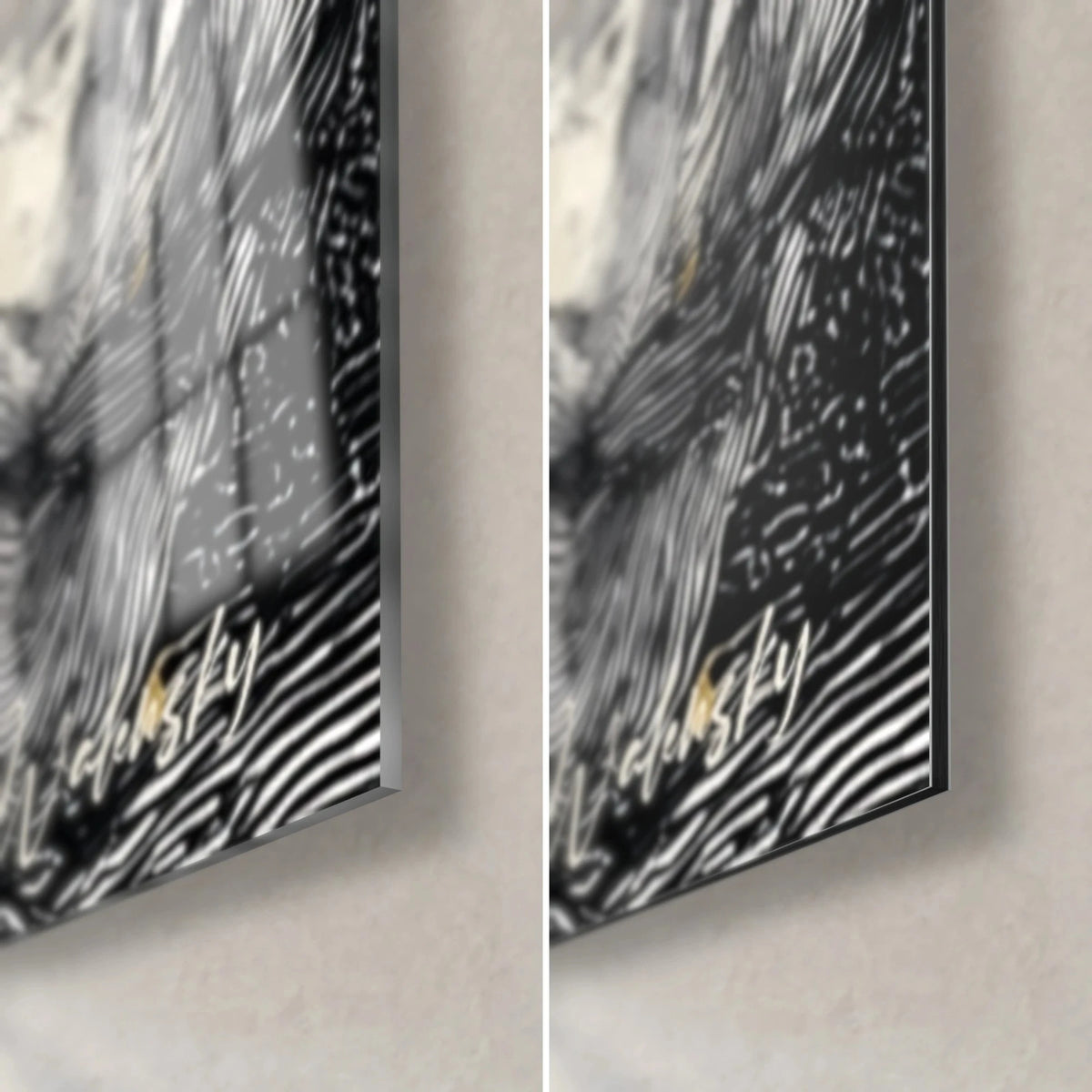 Quadro pensatore con piuma, angolo in basso a destra: vetro acrilico lucido a sinistra, Dibond nero opaco a destra, bordo da 3 mm, motivo in nero e oro