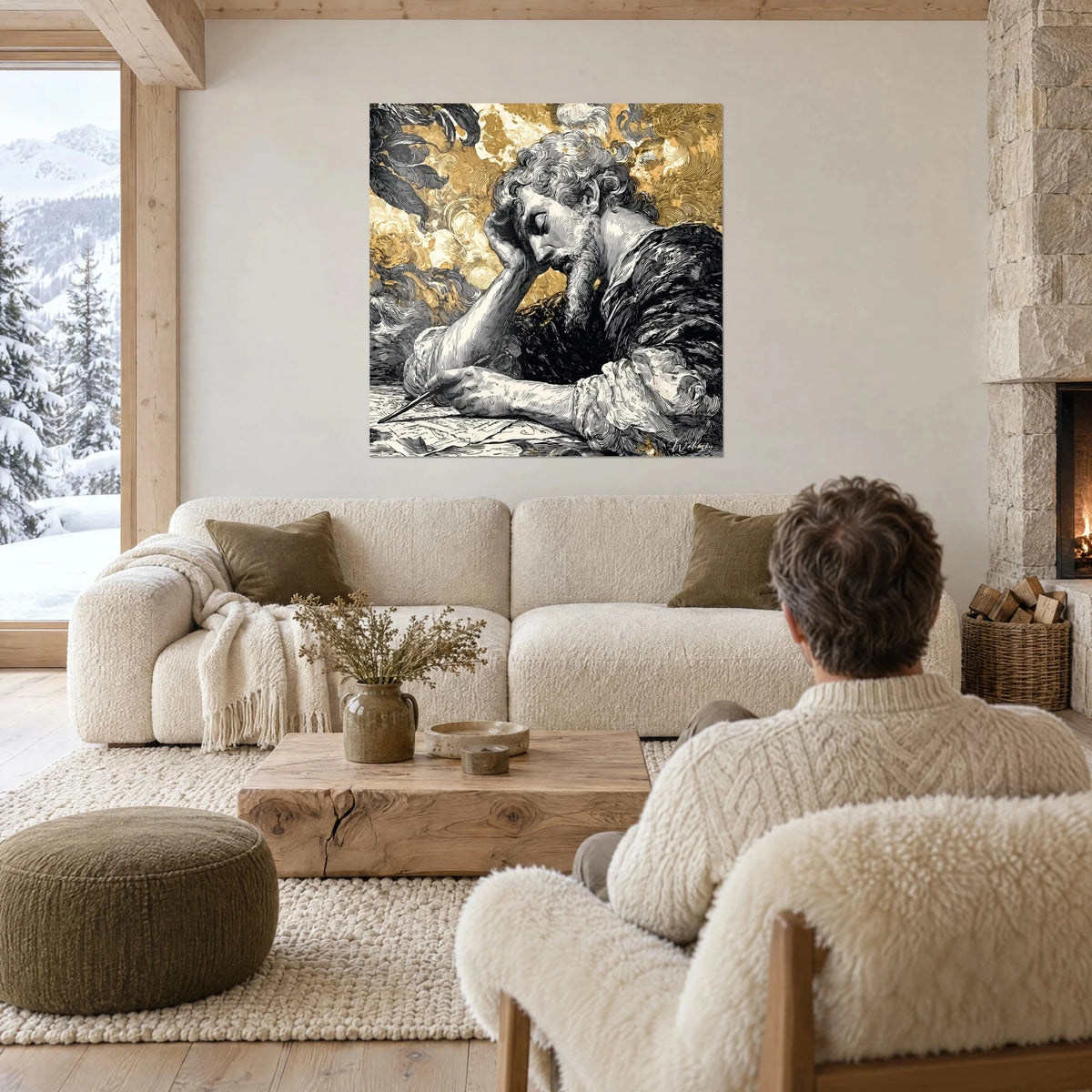 Quadro giovane scrittore barbuto chino sulla sua penna, incisione in nero e avorio su fondi dorati, sopra un divano in un soggiorno luminoso