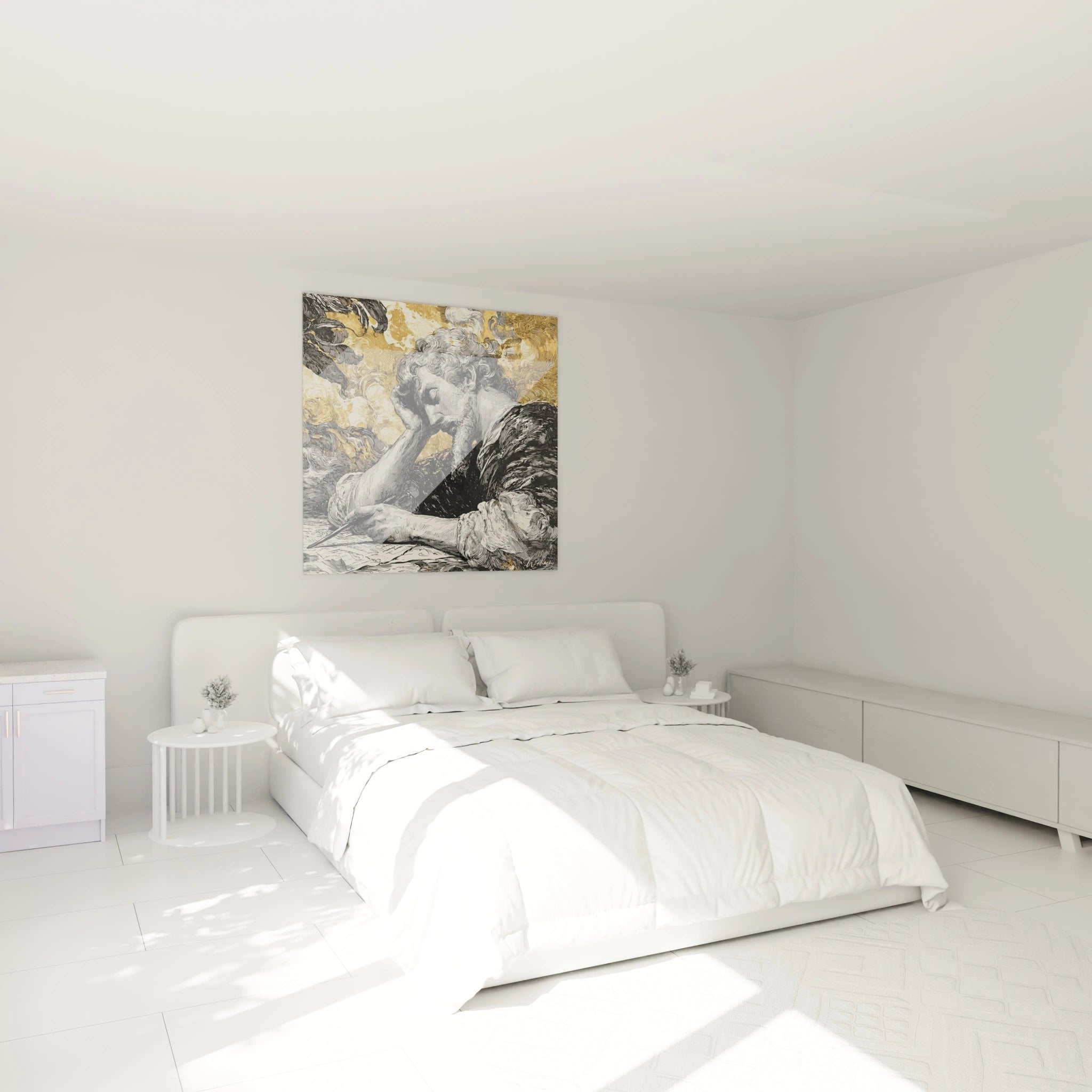 tableau ange baroque Walensky accroché au dessus d un lit blanc minimaliste dans une chambre moderne et lumineuse