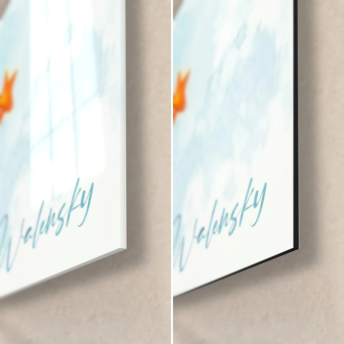 Wall art of an angel in a blue dress, bottom right corner: turquoise Walensky signature, glossy glass on the left, matte black Dibond and 3 mm edge