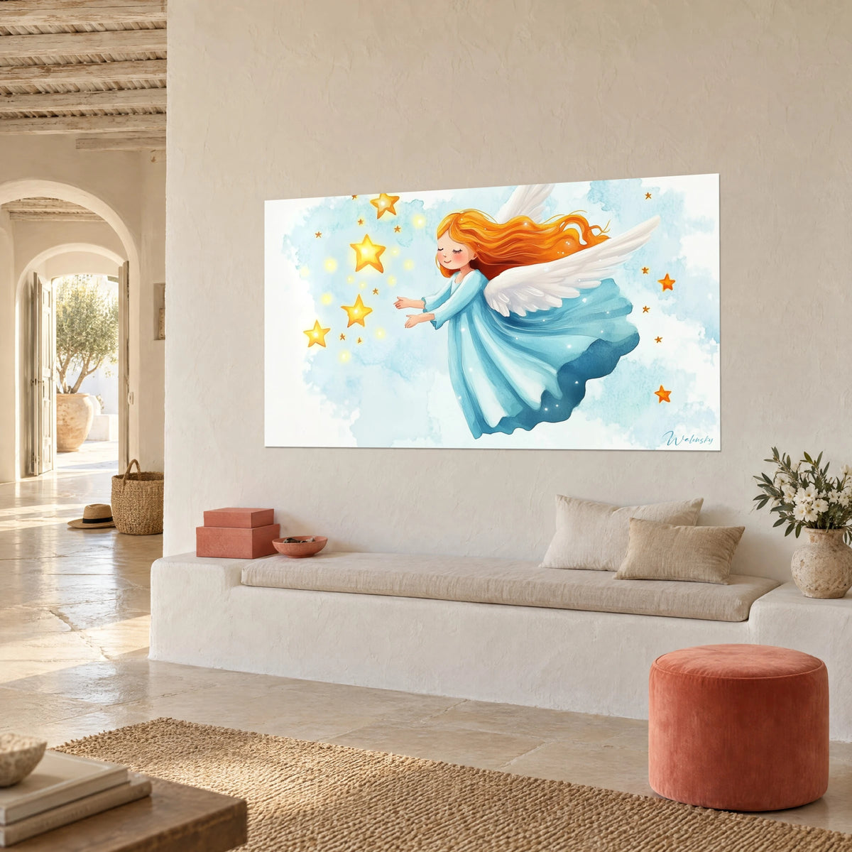 Wall art of a winged little girl in a turquoise dress picking yellow stars, white wings spread, on a cream wall shown at three-quarter view