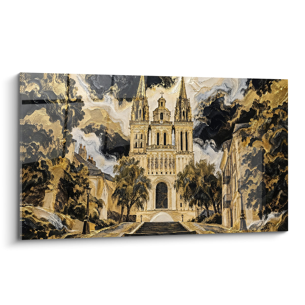 Wall art golden cathedral with gothic spires, swirling anthracite sky, ochre facade sculpted in relief