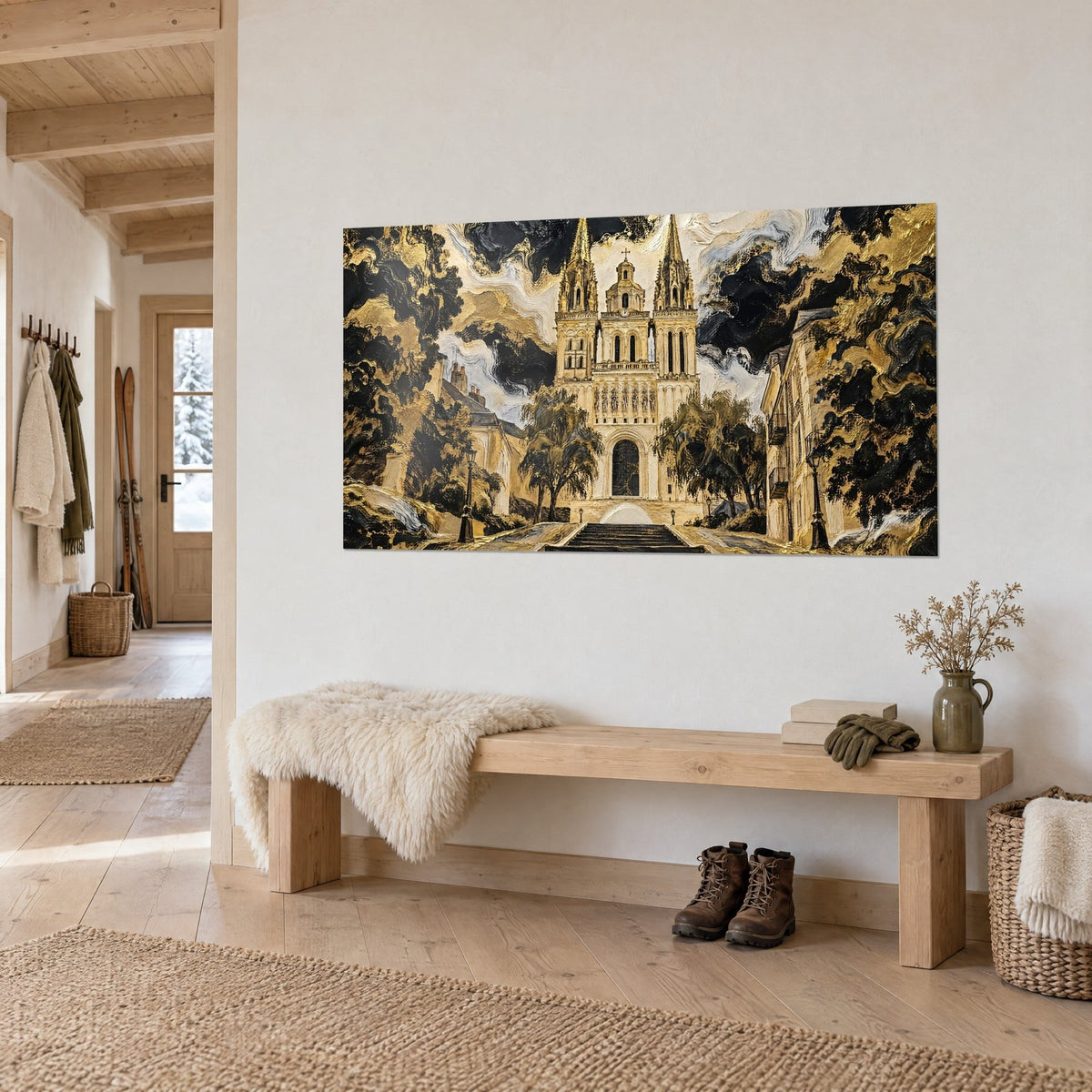 Wall art Angers in thick gold and black paste, staircase climbing to a pointed arch portal between dark trees, white wall, chalet entrance