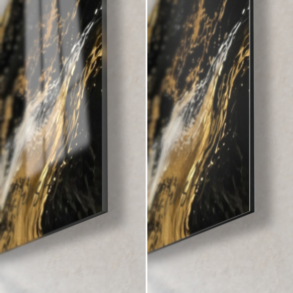 Wall art golden cathedral, bottom right corner: poured gold and black on glossy acrylic glass, matte Dibond aluminium on the right, 3 mm edge