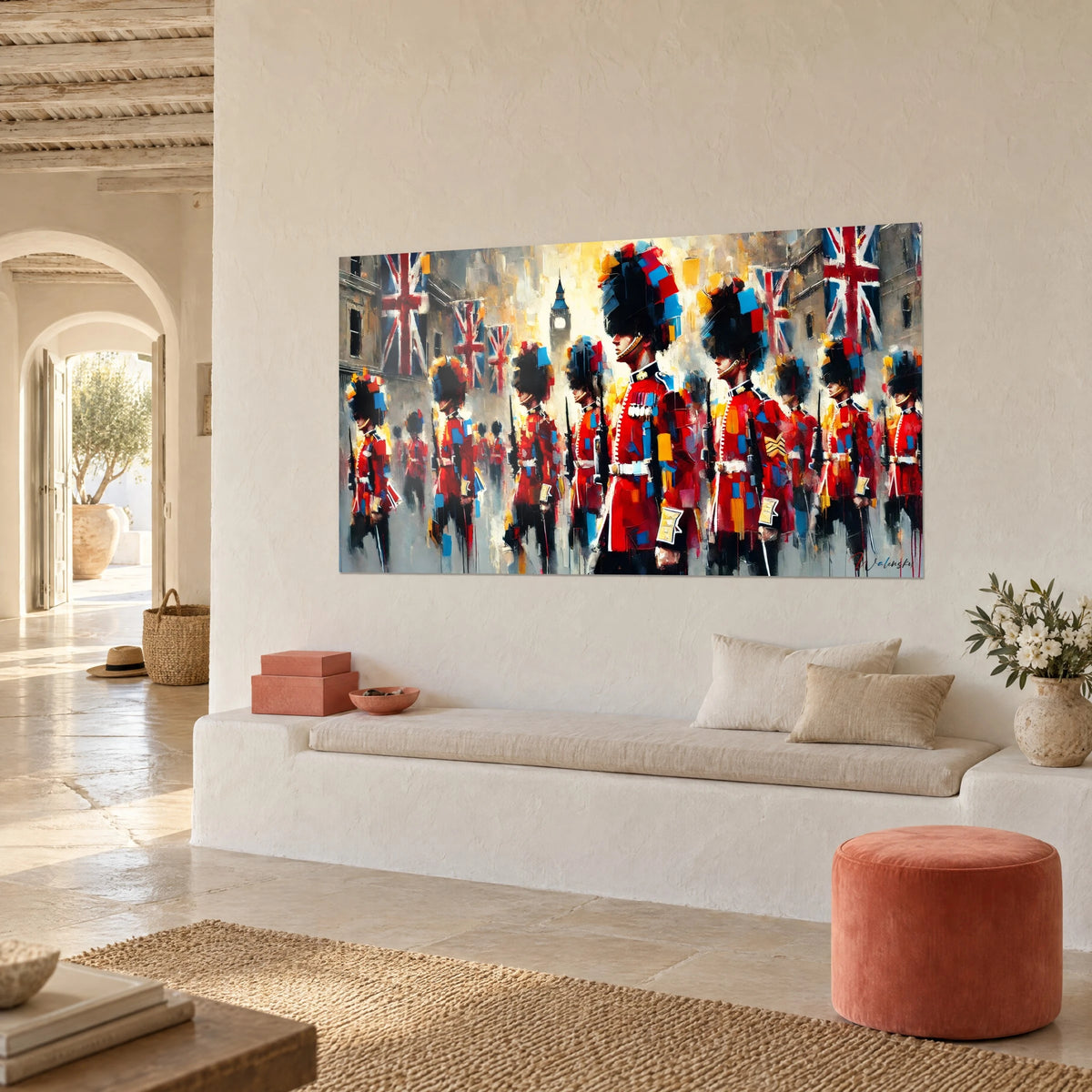 Cuadro de un guardia británico con casaca escarlata bajo el Big Ben, toques azules y amarillos, visto de tres cuartos sobre una pared encalada