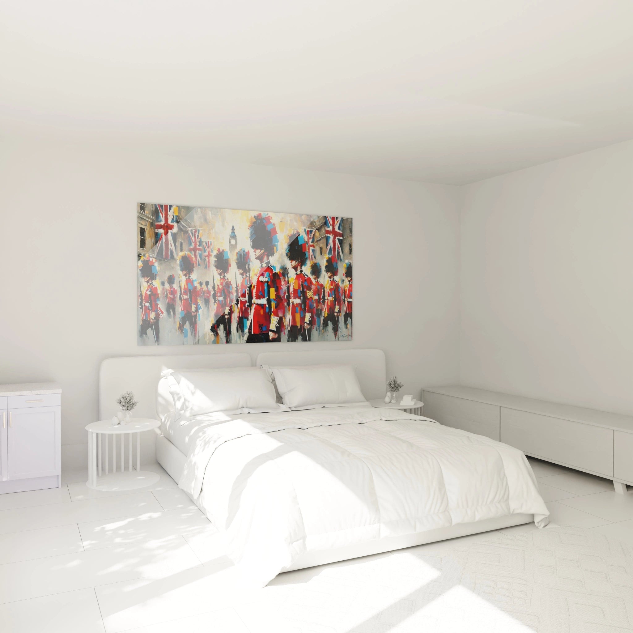 tableau Anglais accroché dans une chambre au-dessus du lit ajoute une touche royale avec ses tons rouges éclatants, bleus profonds et jaunes lumineux, parfait pour une ambiance raffinée et intemporelle.

