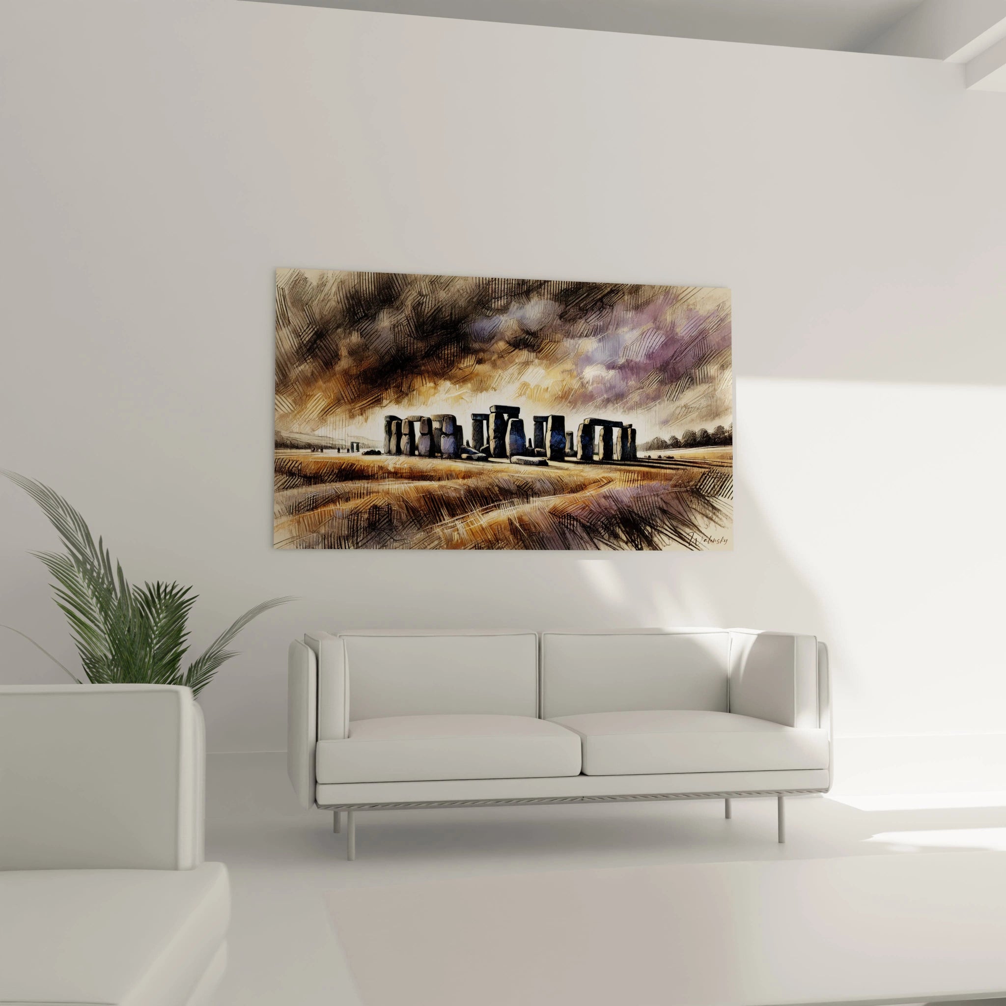 tableau Anglais au-dessus d’un canapé transforme le salon avec sa représentation captivante de Stonehenge. Les teintes subtiles et textures riches apportent une ambiance élégante et mystique.

