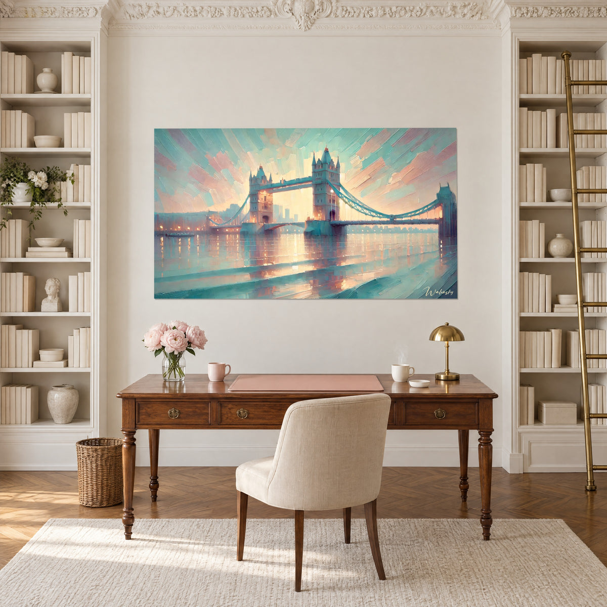 Cuadro del London Bridge en pinceladas empastadas, amanecer melocotón y aguamarina, escritorio de madera entre estanterías, apartamento haussmanniano