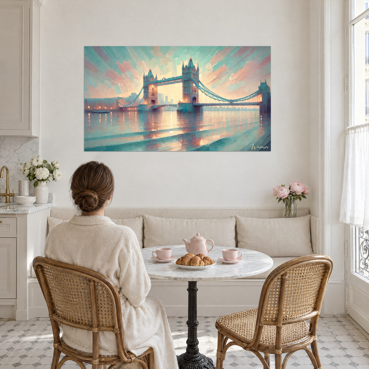 Cuadro de la pasarela victoriana con cables turquesa, cielo pastel rayado de rosa salmón, escena de té en el salón, apartamento haussmanniano