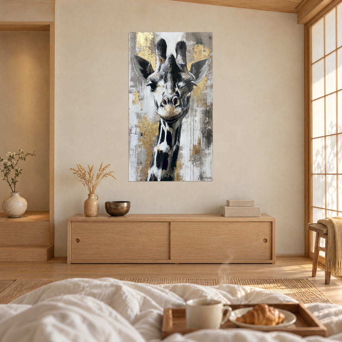 Tableau tête de girafe aux cornes velues noires et reflets dorés sur fond blanc patiné, face à un plateau-petit-déjeuner, au-dessus d'un lit dans une chambre claire