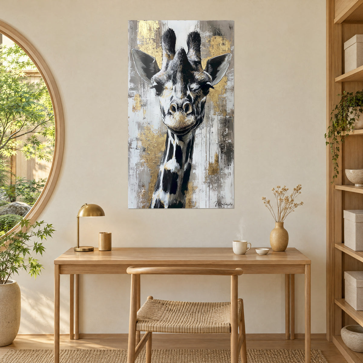 Tableau girafe peinte au couteau, cou tacheté noir et blanc, fond or et gris, accroché au-dessus d'un bureau en bois clair et d'une lampe dorée