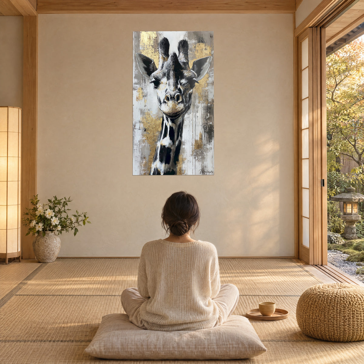 Tableau portrait animalier de girafe, museau sable, pelage noir et ivoire, feuilles d'or, femme de dos assise en tailleur sur un coussin de méditation