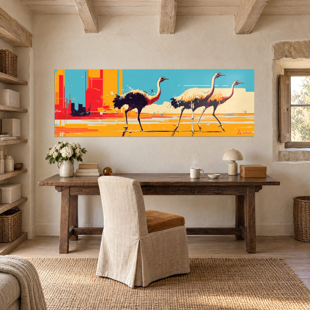 Wall art ostriches in full gallop, red and yellow buildings on the left, turquoise sky, on the wall of an office in raw wood