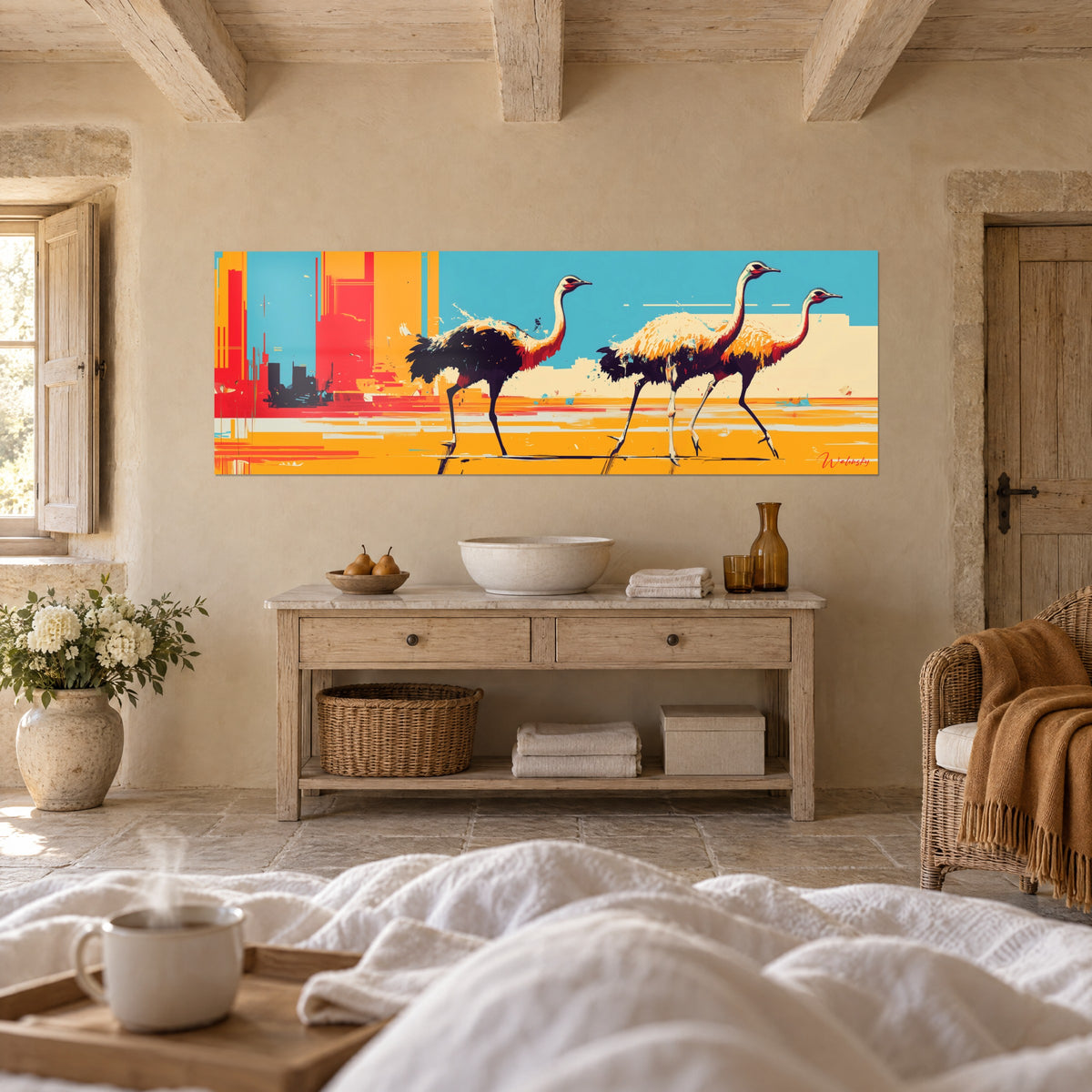 Wall art trio of tousled-feathered stilt birds, orange and azure blue, panoramic piece hung above a bed in a light bedroom