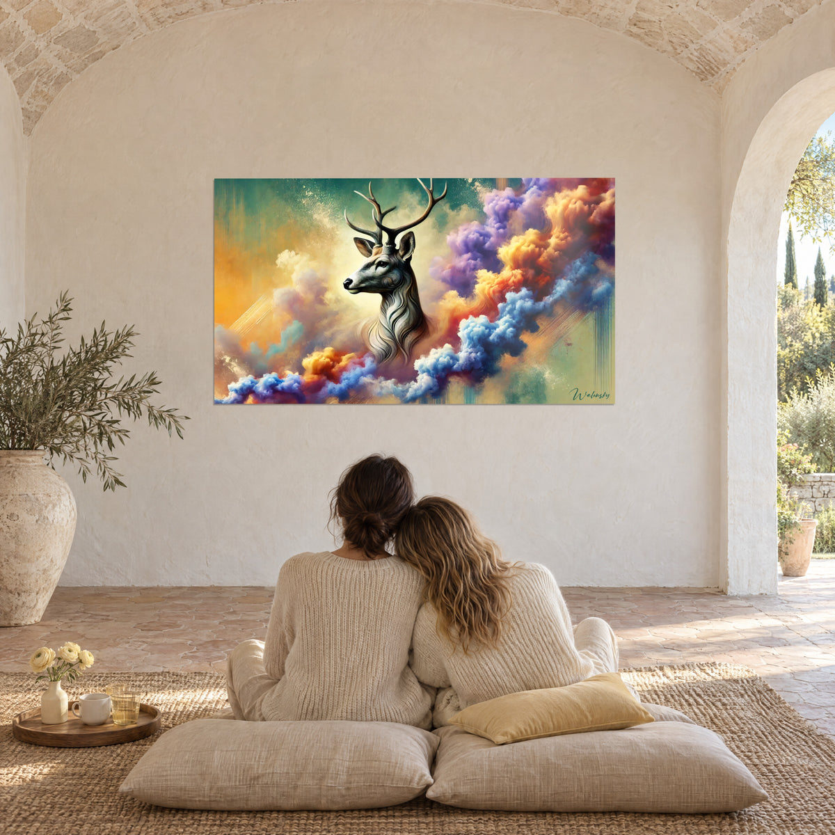 Wall art of a stylised stag and rainbow smoke in violet, yellow and blue, beneath the vaults of a white arched room of the mas