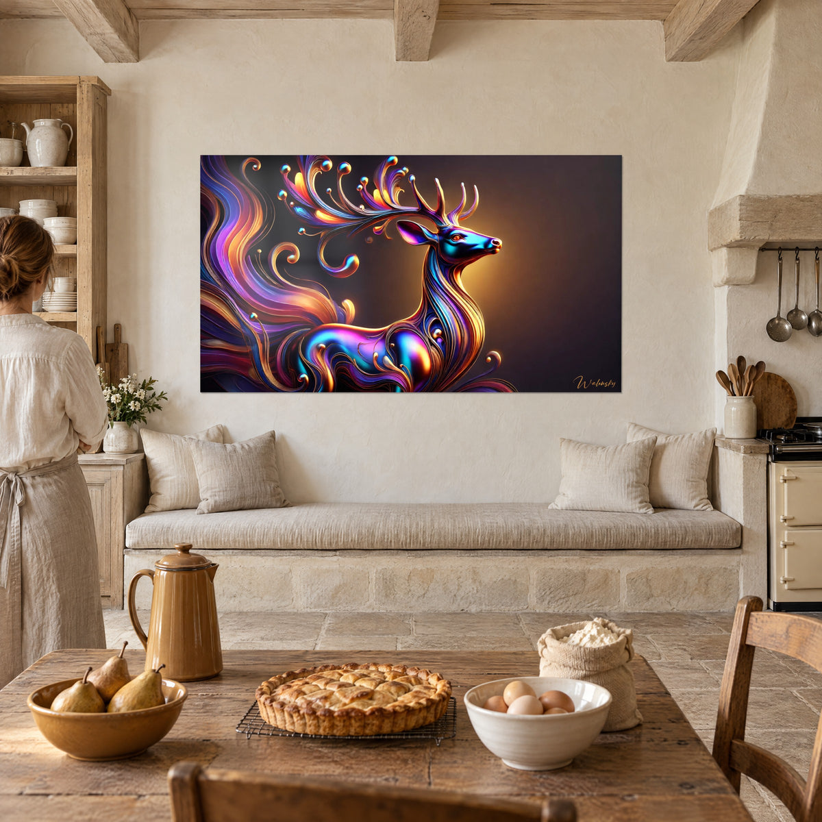 Gemälde mystische Hirschkuh mit goldenen Perlen am Geweih, türkisblaue und rosa Reflexe, dunkler Hintergrund, Steinküche