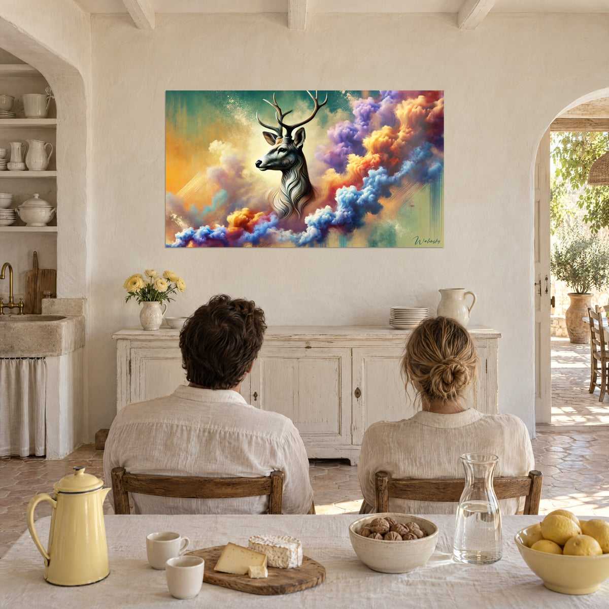 Wall art of a wild animal with dark antlers immersed in turquoise and amber mist, facing a farmhouse table