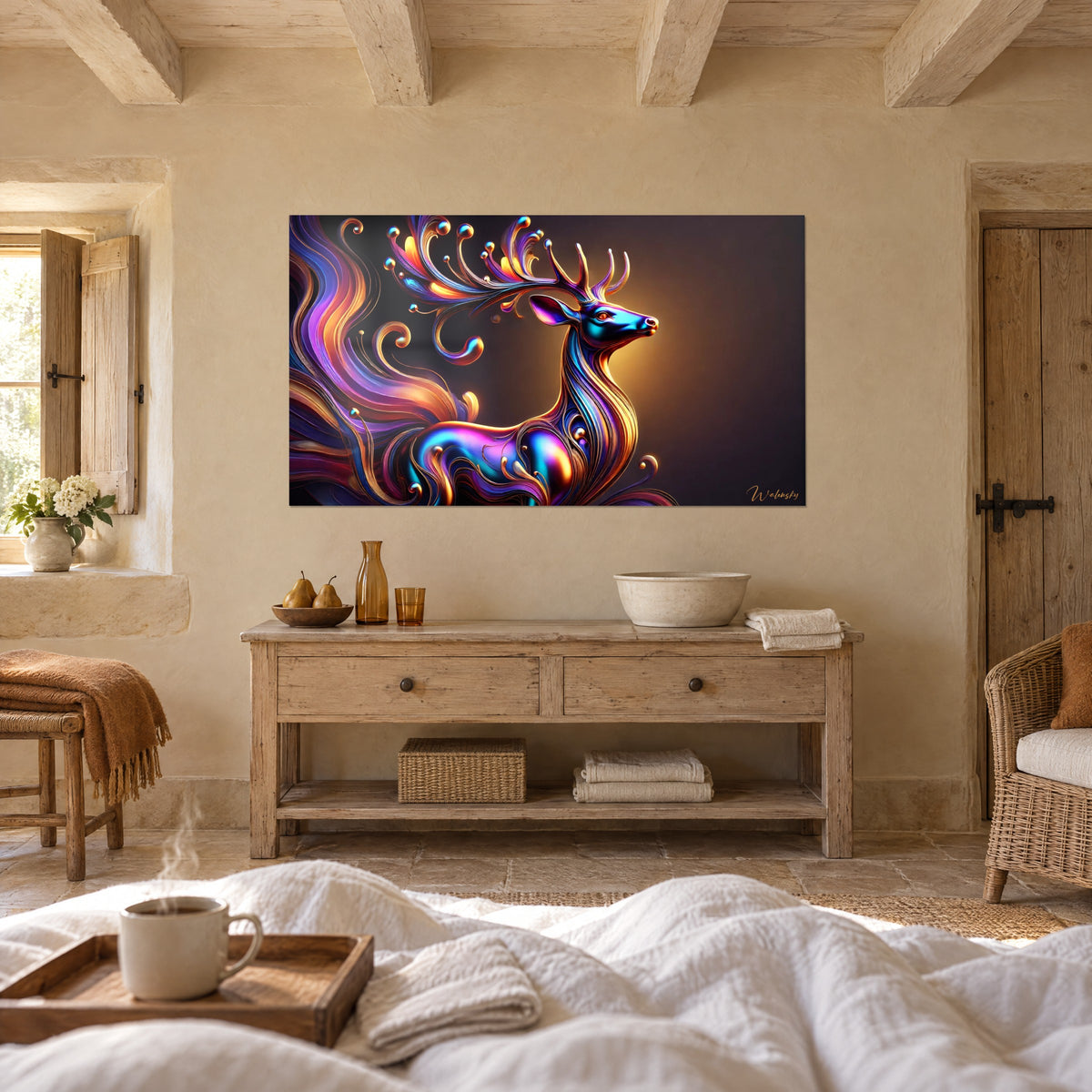 Gemälde fließende Hirschsilhouette, violette und bernsteinfarbene Mähne, brauner Hintergrund, über einem Bett in einem hellen Schlafzimmer