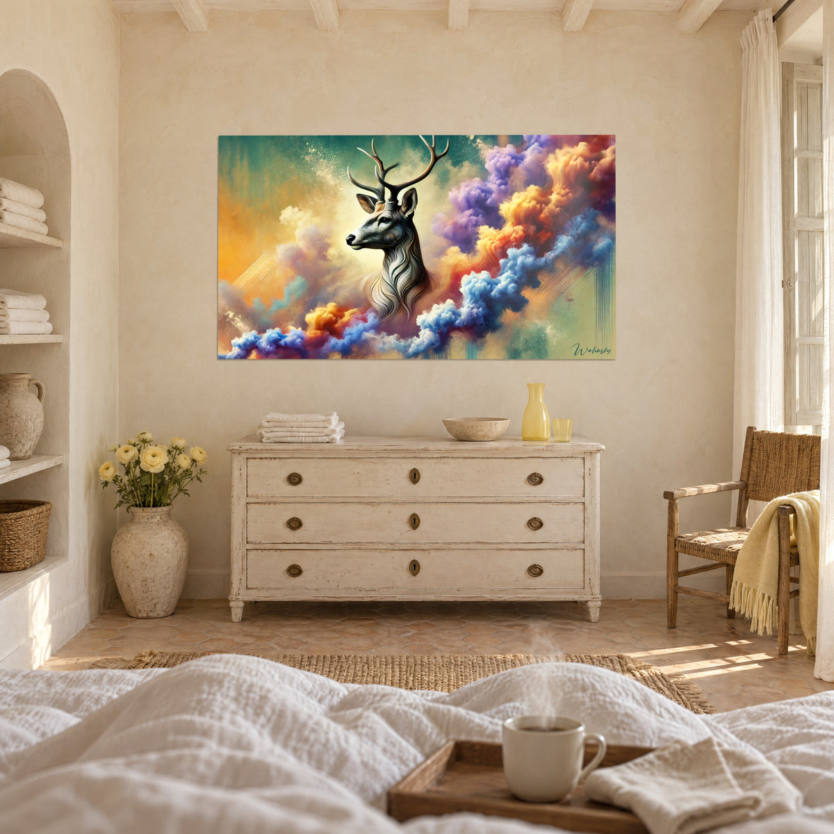 Wall art of a herd in watercolour style, grey-striped stag in mauve and golden swirls, above a bed in a light bedroom