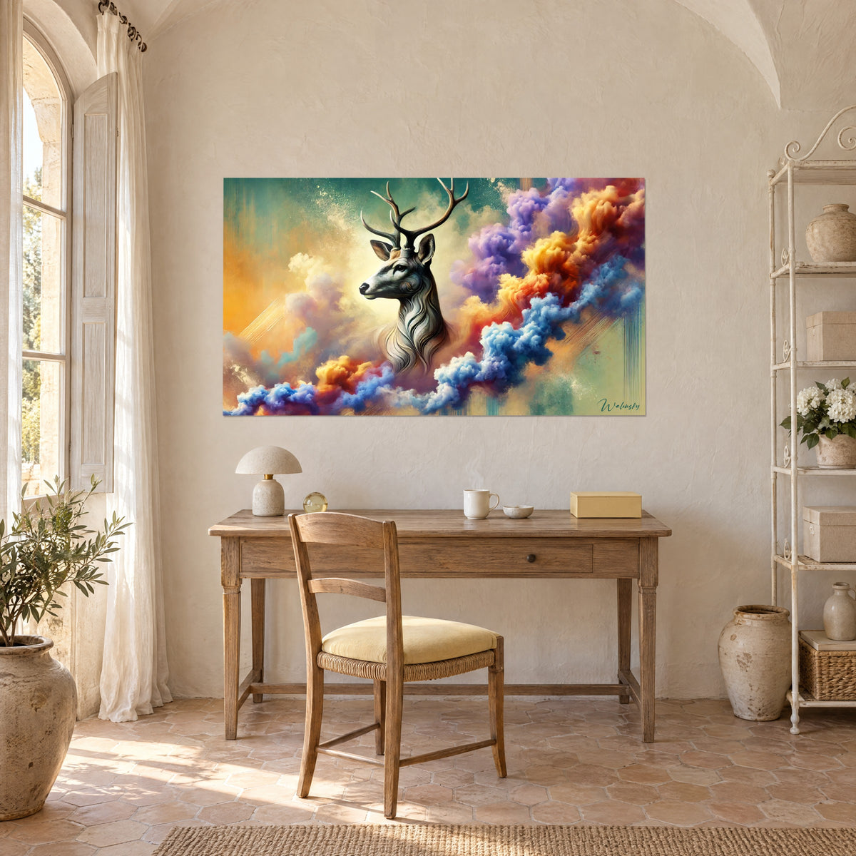 Wall art of a majestic doe with a calm gaze on a sea-green background, coral red and blue clouds, above a wooden desk
