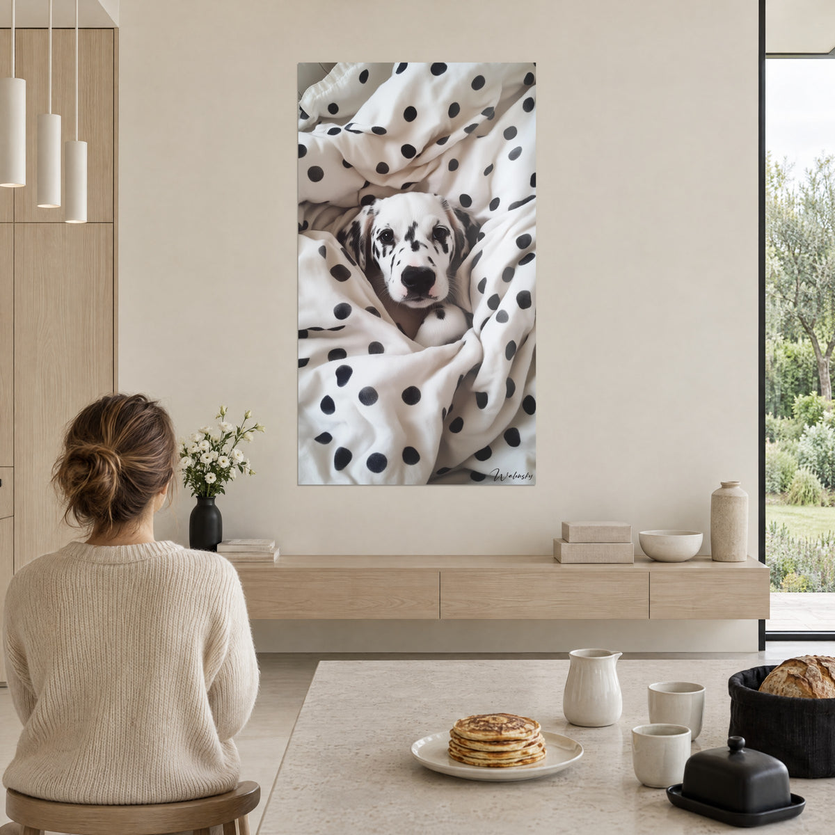 Πίνακας σκυλάκι με σκούρες κηλίδες ξαπλωμένο σε λευκό ύφασμα με μεγάλες μαύρες βούλες, γυναίκα καθισμένη στο τραπέζι από πίσω, ανοιχτόχρωμο ξύλινο σαλόνι